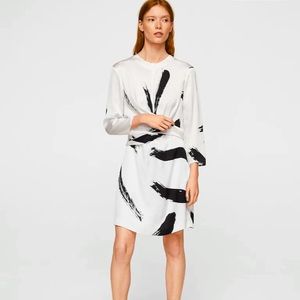 Mango White Dress with Black Brushstroke Print - Long Sleeve